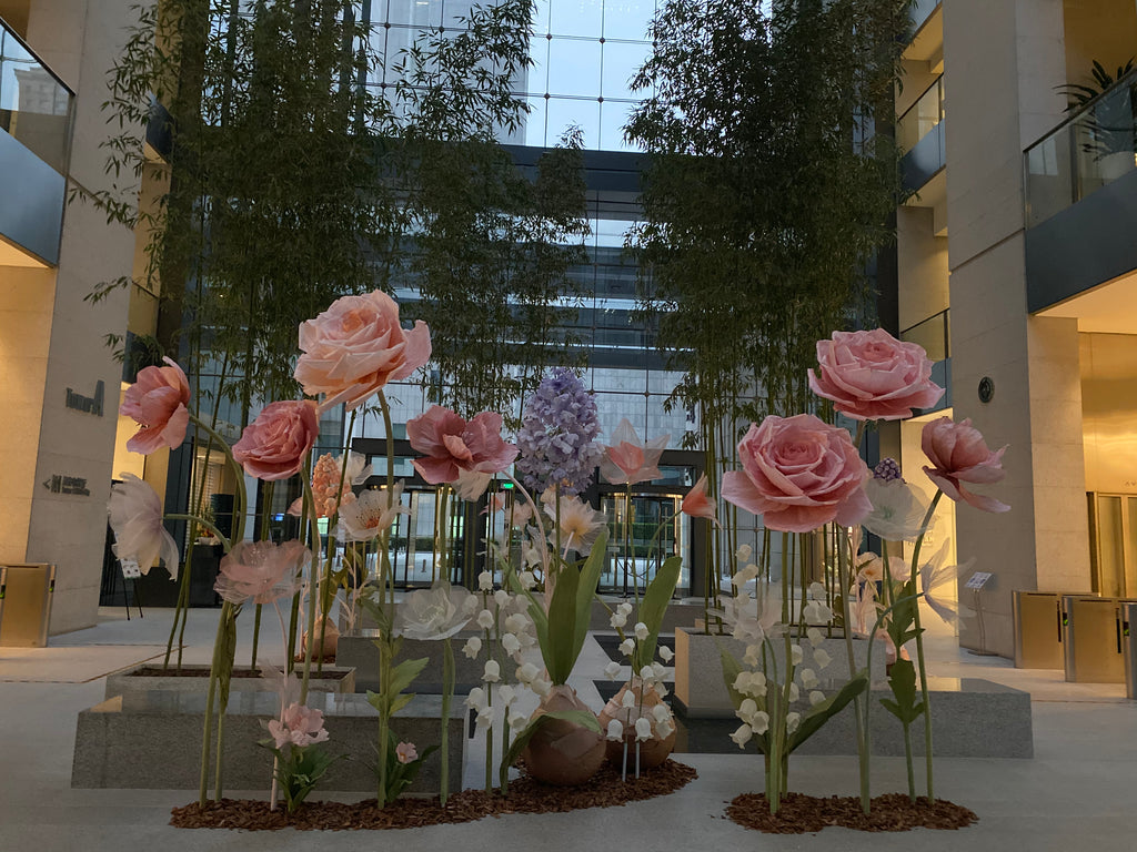 Paper roses, lily of the valley, organza poppies