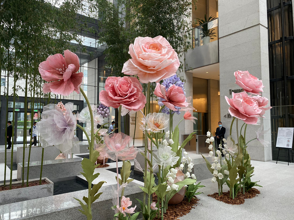 Paper roses, lily of the valley, organza poppies