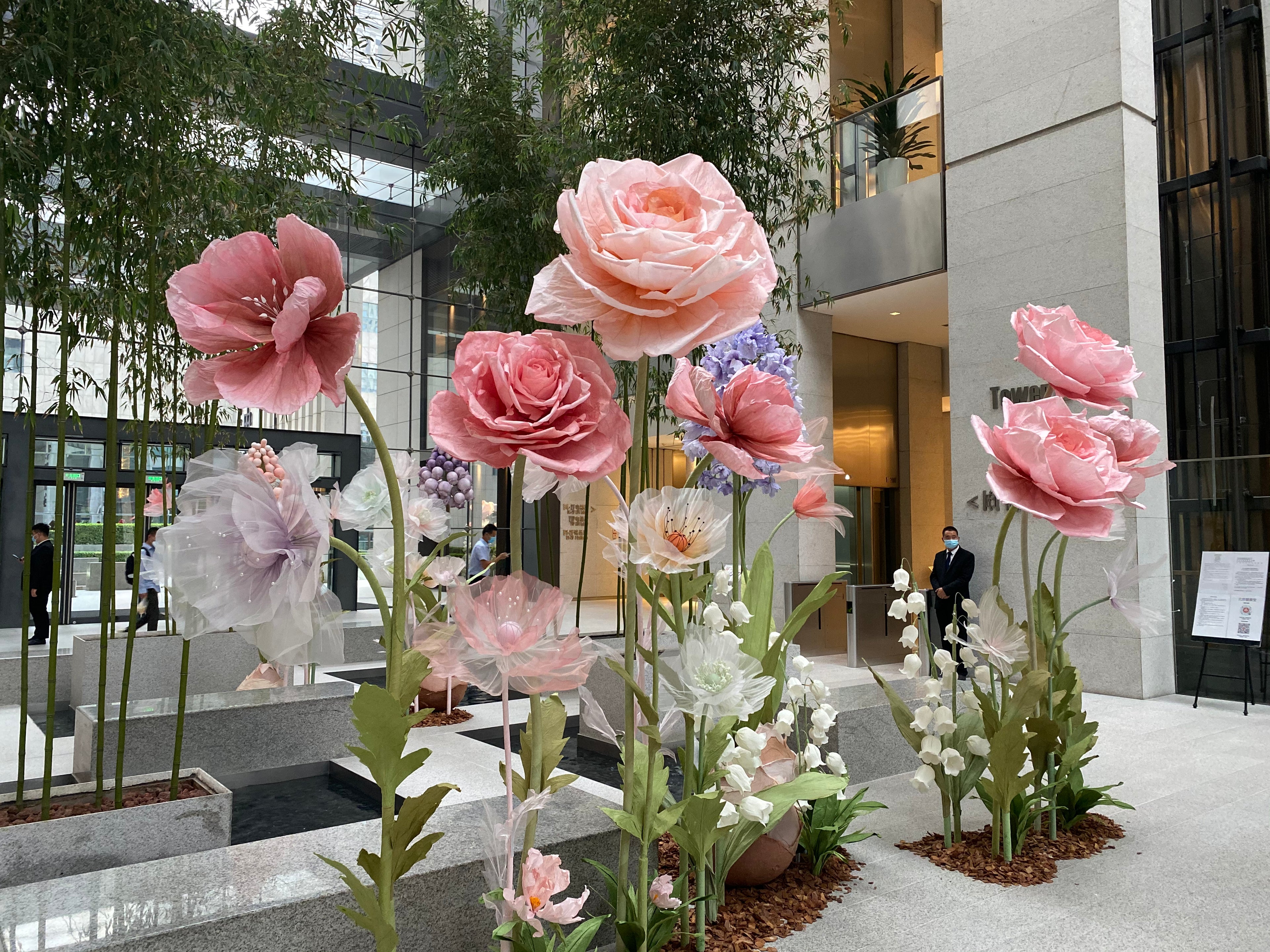 Paper roses, lily of the valley, organza poppies