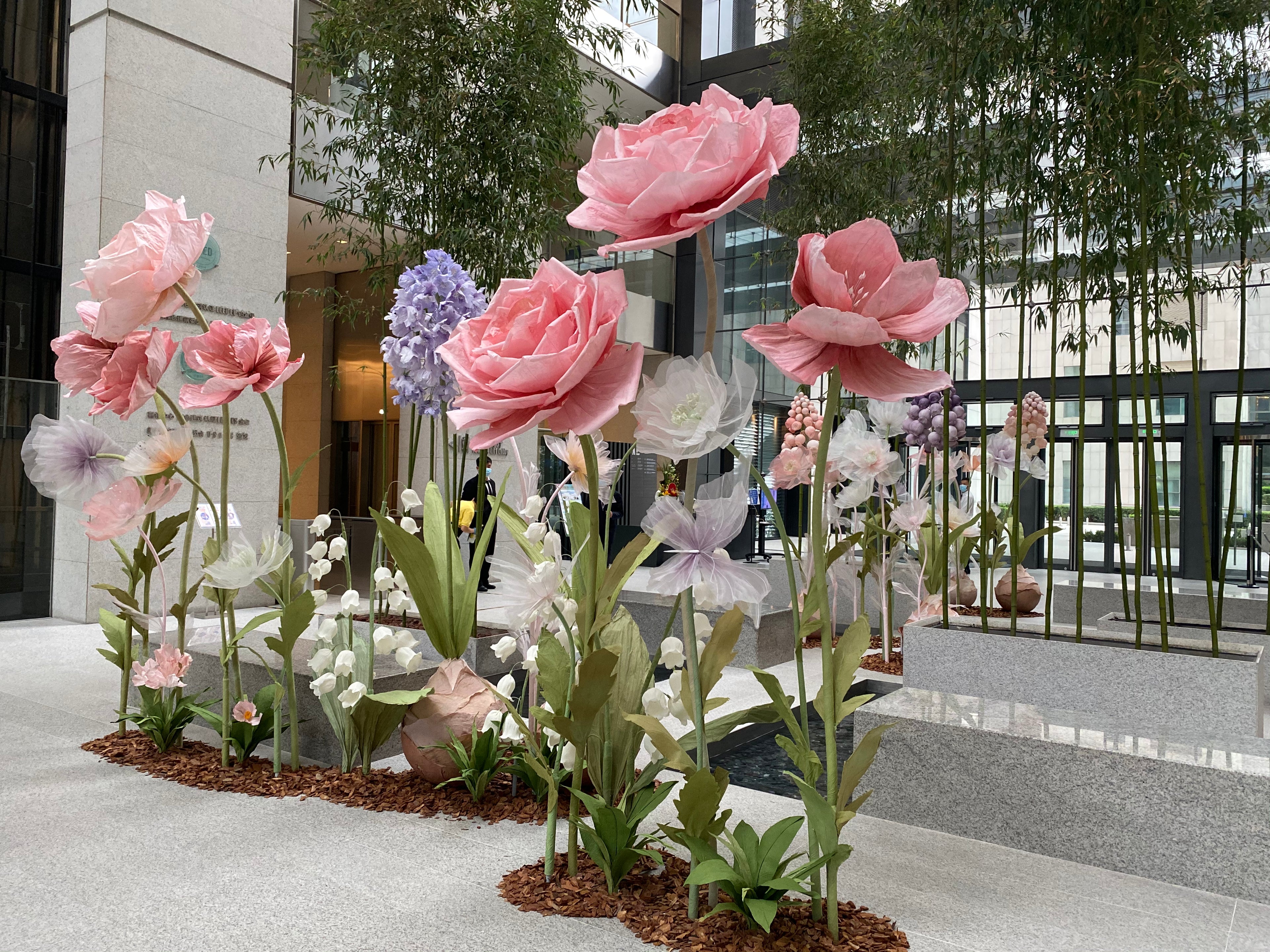 Paper roses, lily of the valley, organza poppies