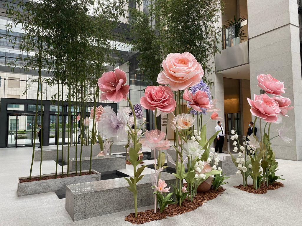 Paper roses, lily of the valley, organza poppies