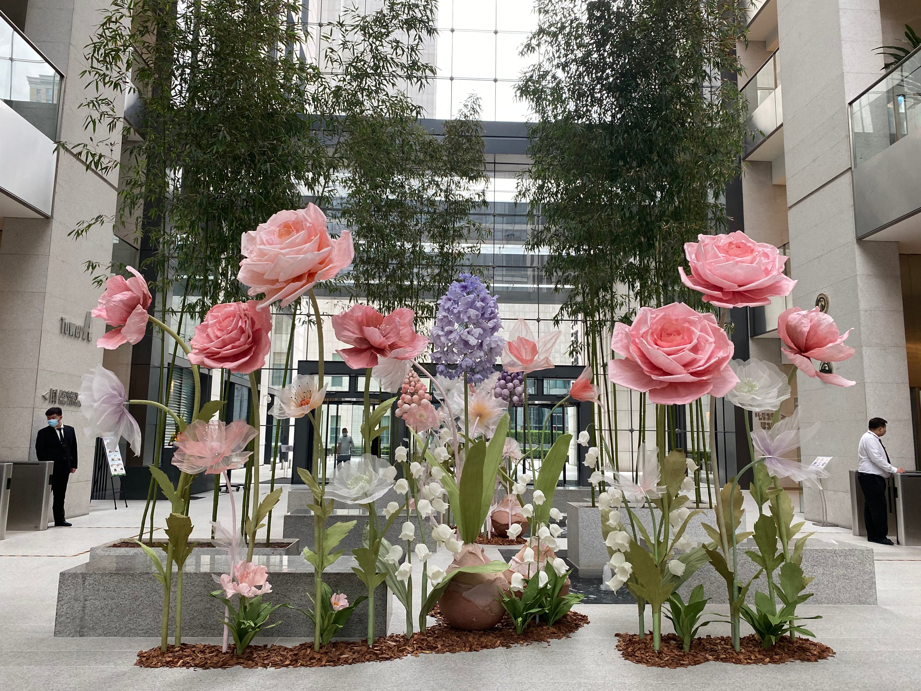 Paper roses, lily of the valley, organza poppies