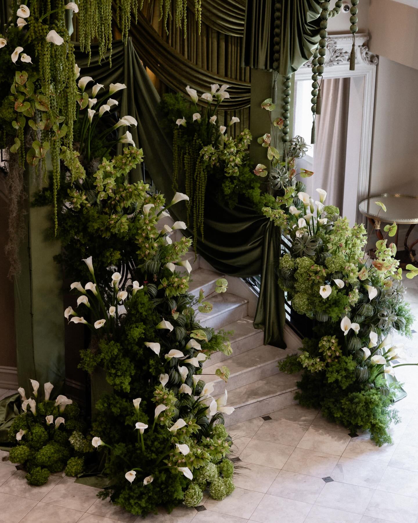 Grand Verdant Staircase Installation | Luxury White Calla Lily & Moss Velvet Floral Decor for Weddings & High-End Events