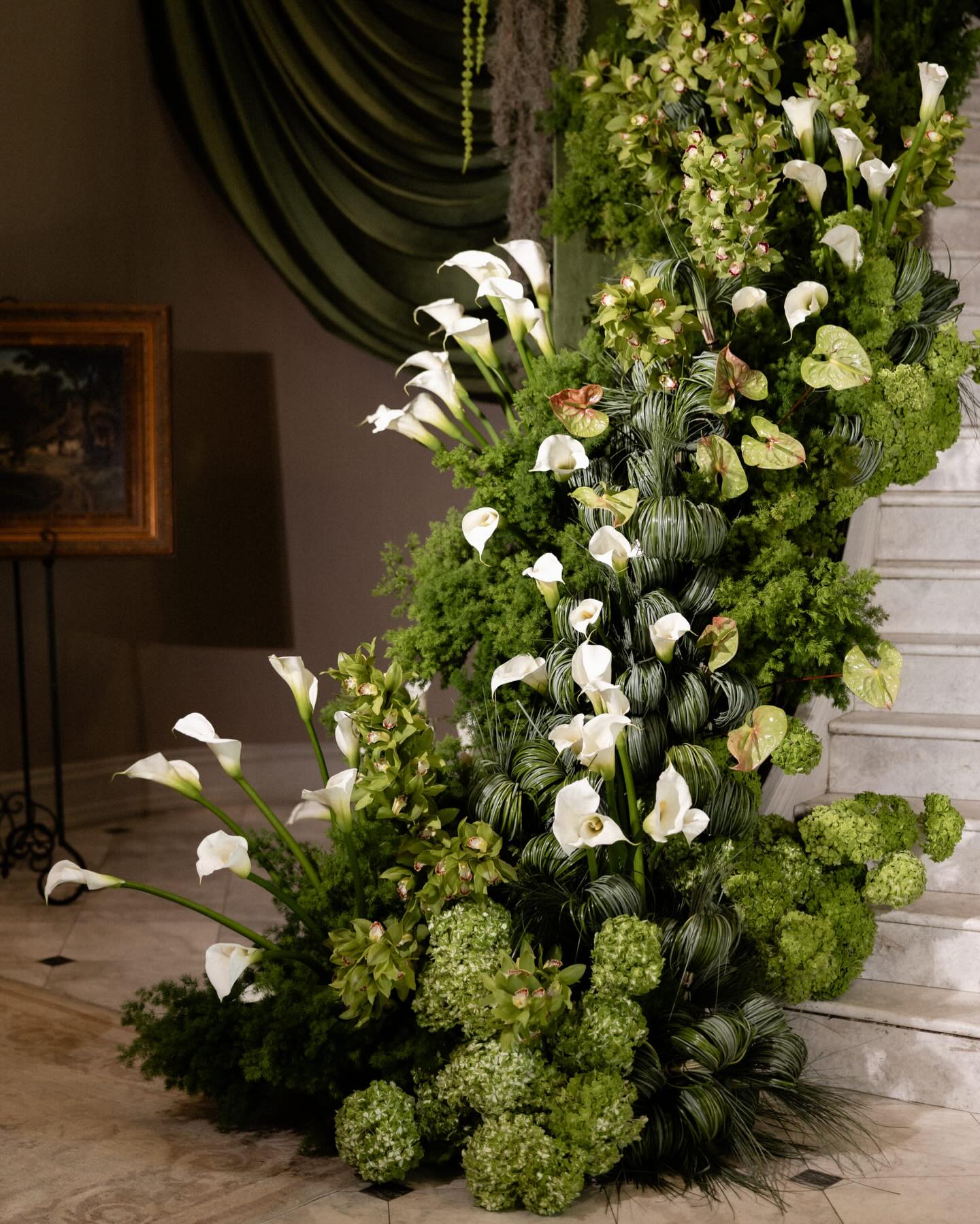 Grand Verdant Staircase Installation | Luxury White Calla Lily & Moss Velvet Floral Decor for Weddings & High-End Events