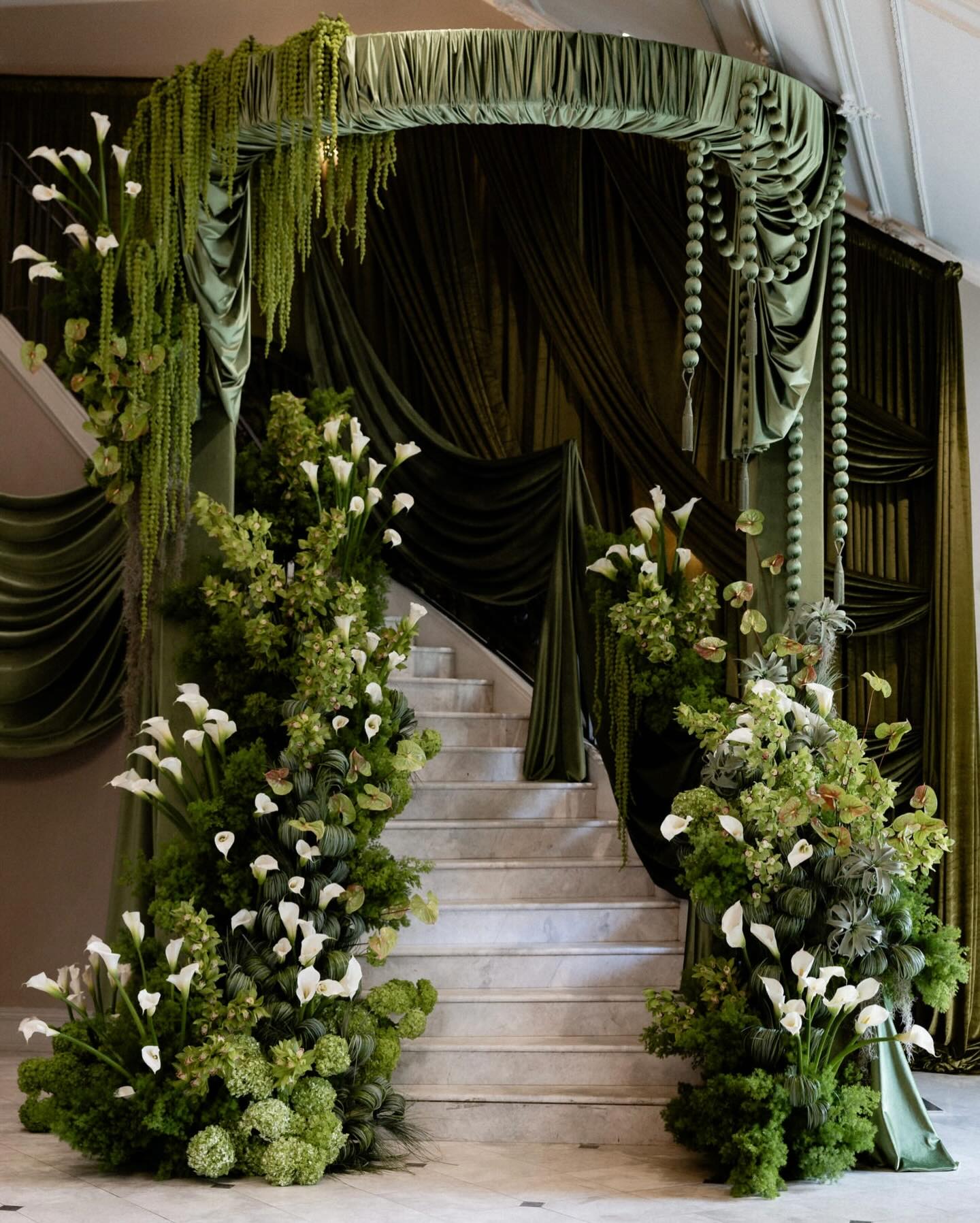 Grand Verdant Staircase Installation | Luxury White Calla Lily & Moss Velvet Floral Decor for Weddings & High-End Events